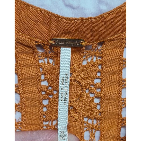 Free People Orange Crochet Lace V Neck Button Front Sleeveless Tunic Top XL NWT - Picture 10 of 11